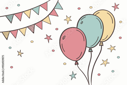 A festive cartoon illustration captures a joyous celebration with three colorful party balloons, cheerful triangular bunting, and scattered confetti and stars.