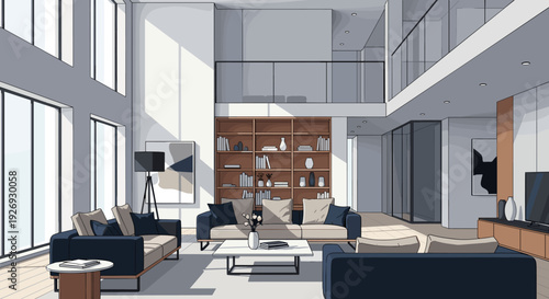 Spacious Modern Living Room with High Ceilings and Contemporary Furniture.