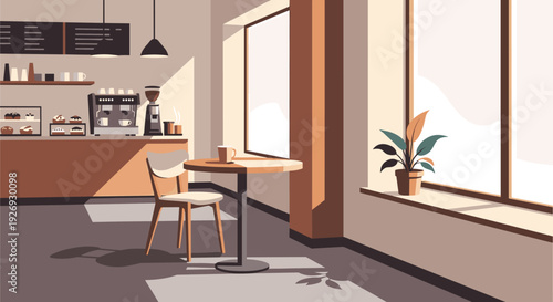 Cozy cafe interior with sunlit table and chair, inviting atmosphere.