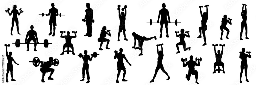 Fototapeta premium Fitness and Gym Silhouettes Set – Athletes Training with Weights Vector Collection