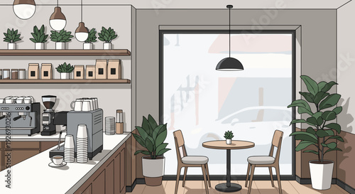 Cozy coffee shop interior with modern design and inviting atmosphere.