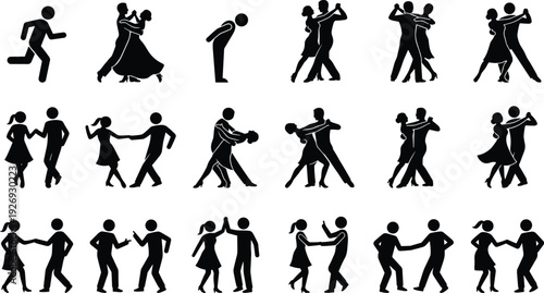 Collection of dancing couples silhouettes in ballroom and social dance poses, black vector illustration set isolated on white background for entertainment concept.