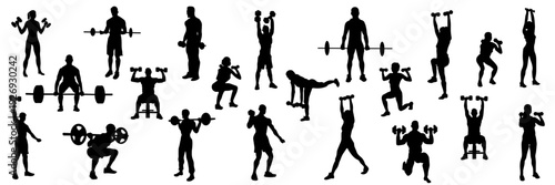 Fitness and Gym Silhouettes Set – Athletes Training with Weights Vector Collection