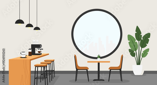 Modern cafe interior with bar counter, stools, coffee machine, and small dining area.