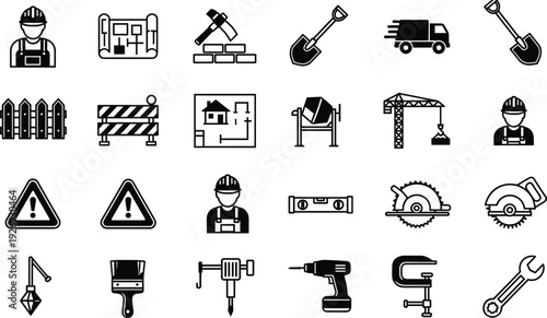 Professional black silhouette icon set of construction tools featuring a builder, blueprints, shovel, crane, power drill, and various hand tools