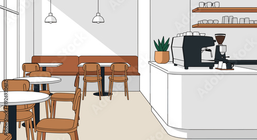 Modern cafe interior with empty tables and coffee machine.