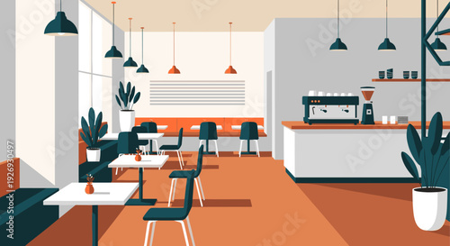 Modern cafe interior with empty tables and counter, ready for customers.