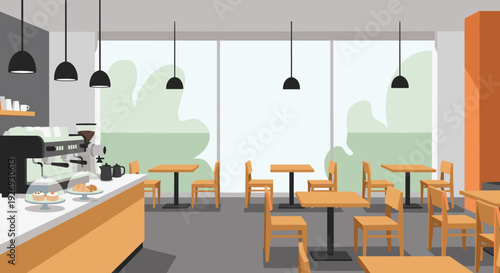 Modern cafe interior with wooden tables and chairs, minimalist design.