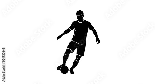 A male soccer player in action kicking the ball with a vector silhouette of athleticism and skill on a sports field from a dynamic viewpoint