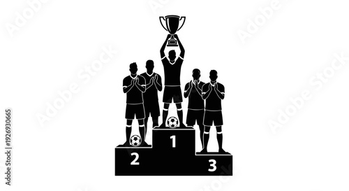 Dynamic vector illustration depicting triumphant soccer champions celebrating on a victory podium with a gleaming trophy, symbolizing ultimate success and competitive achievement in sports