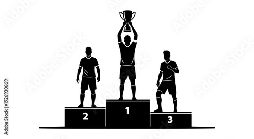Vector illustration of athletes standing on podium with winner holding trophy, celebrating victory in sports competition, viewed from front