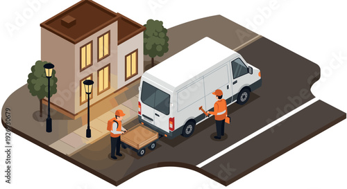 isometric delivery van with two couriers unloading parcel near house and street lamps hand drawn illustration