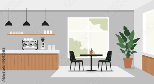 Modern Coffee Shop Interior with Bar and Seating Area.