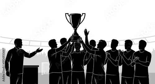Vector illustration of a triumphant sports team lifting a trophy together in a stadium with their coach standing beside them