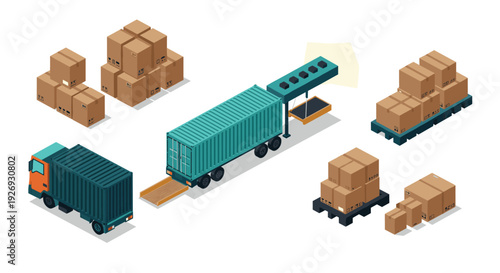 isometric shipping containers truck pallets and cardboard boxes set for logistics and delivery