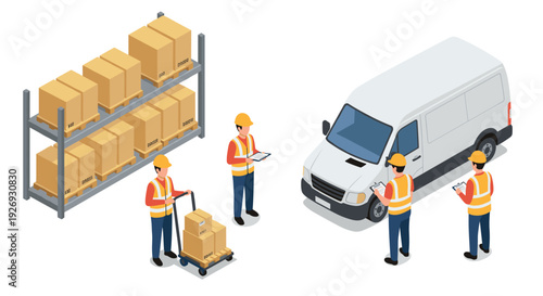 warehouse workers handling boxes and loading delivery van isometric illustration