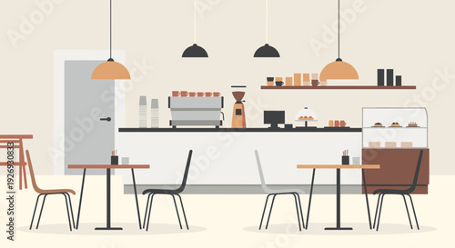 Modern coffee shop interior with counter and seating area.