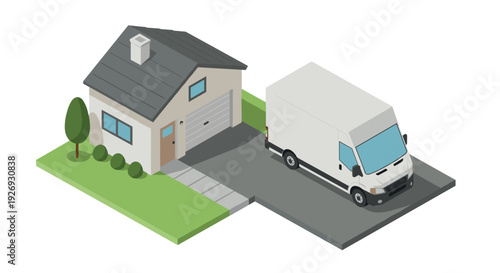 isometric 3d house with garage driveway and white delivery van near front yard with tree and bushes in modern flat style