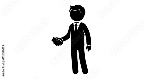 A minimalist vector illustration of a businessman with a devil's horn, extending a handshake gesture, isolated on a clean background, viewed from the front