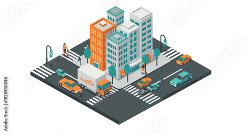 isometric urban city street intersection with buildings cars pedestrians and trees in modern vector style