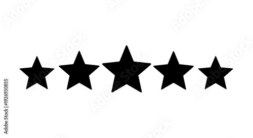 A vector illustration of five black stars aligned horizontally on a plain background from a straight-on viewpoint