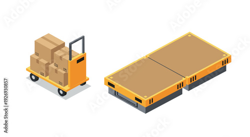 isometric yellow hand truck with cardboard boxes and industrial conveyor platform vector illustration