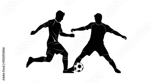 Two soccer players in action, competing for the ball in a dynamic vector illustration of a intense game scene from a side viewpoint.