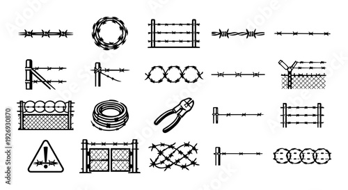 Barbed Wire and Security Fencing Icons Set – Razor Wire, Fence Barriers and Perimeter Protection Line Art Collection