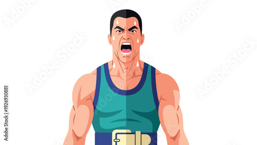 muscular man sweating and shouting wearing a tank top in flat vector style