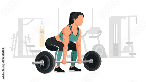 woman lifting barbell deadlift exercise in gym with sportswear hand drawn fitness illustration
