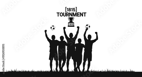 Vector illustration of soccer players celebrating tournament victory on a grassy field, silhouetted against a white background from a low viewpoint