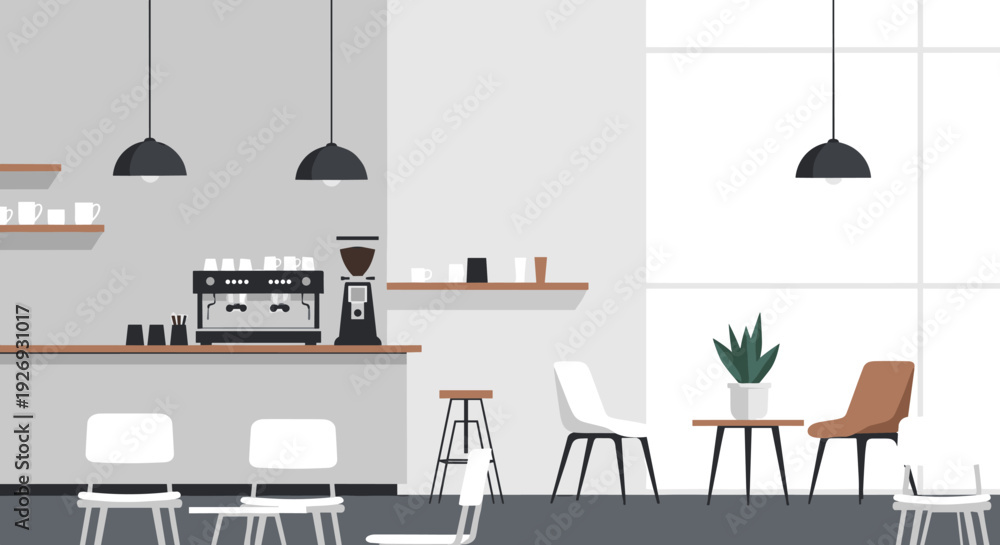 Fototapeta premium Modern coffee shop interior with minimalist design and essential brewing equipment.