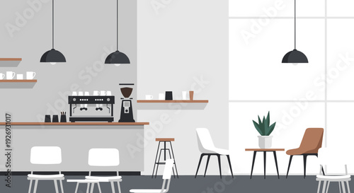 Modern coffee shop interior with minimalist design and essential brewing equipment.