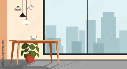 Modern interior with wooden table, plant, and hanging lamps.