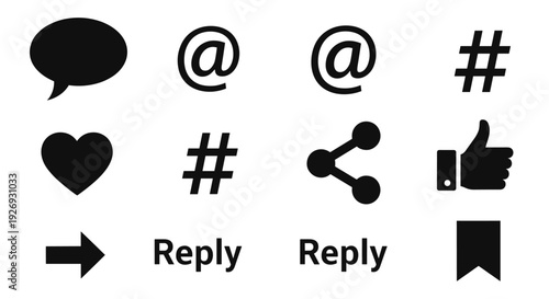 Vector illustration of social media icons including speech bubble, at symbol, hashtag, heart, share, thumbs up, and reply arrow on a modern digital interface design