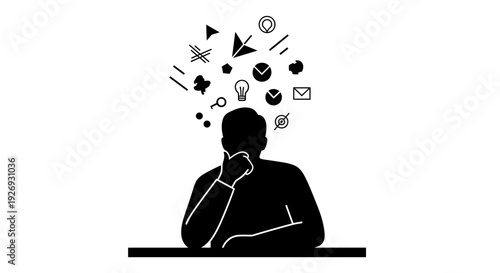 A person thinking with ideas represented by vector icons surrounding their head in a contemplative pose from a front viewpoint