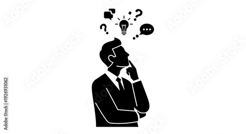 Vector illustration of a businessman thinking with question marks and ideas surrounding him in a contemplative pose from a side viewpoint