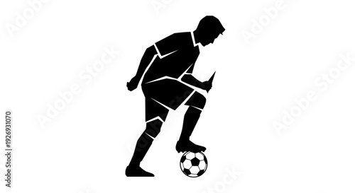 A soccer player in action, dribbling a ball with skill and precision, depicted in a sleek black vector silhouette against a clean background from a dynamic viewpoint.
