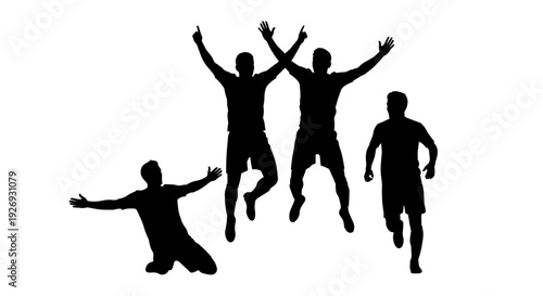 Four silhouetted people jumping and celebrating in a sporty vector illustration