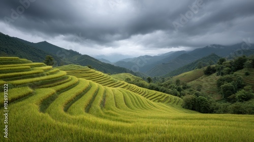 Serene Mountain Rice Terraces Surrounded by Lush Green Fields Under Dramatic Cloudy Sky