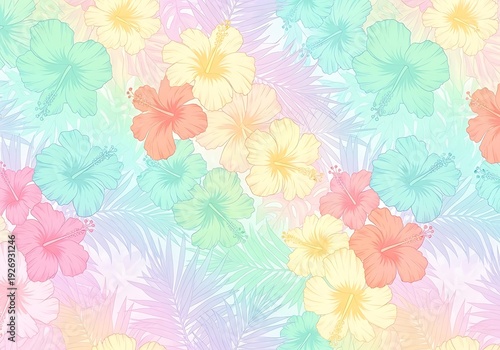 Delicate pastel floral design with hibiscus flowers and palm fronds for soft backgrounds