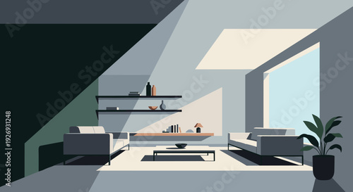 Modern living room interior with minimalist design and natural light.