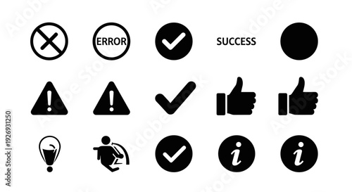 A vector collection of various black icons representing success, error, and information on a clean background from a straightforward viewpoint
