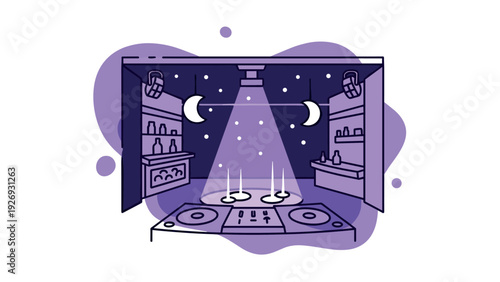 dj music mixer turntable with moon phase stage lighting in hand drawn style for music and nightlife illustration