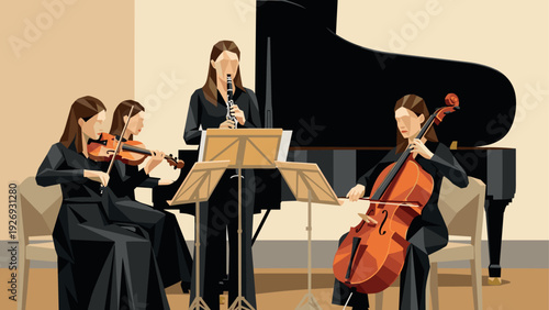 classical string quartet playing music with violin cello clarinet and piano in geometric style