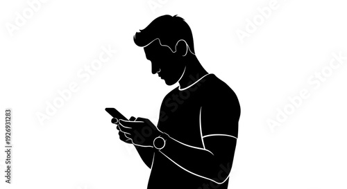 A man in vector illustration style using a mobile phone with focus on technology and modern lifestyle from a side viewpoint