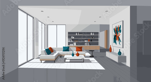 Modern living room interior with contemporary furniture and decor.