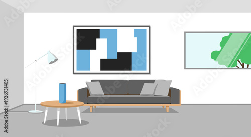 Modern living room interior with sofa, coffee table, and smart speaker.