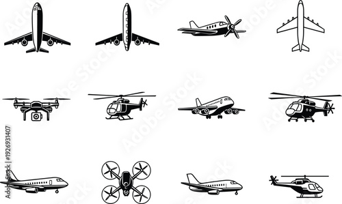 Airplane helicopter and drone outline icons set with passenger jet propeller plane and quadcopter isolated on white background aviation collection