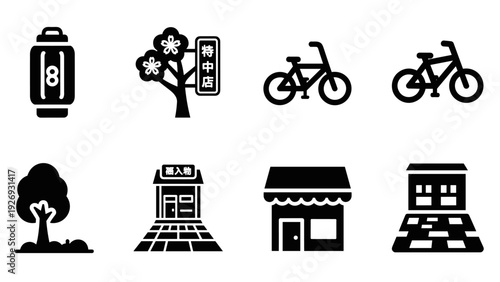 set of asian street and nature icons in black silhouette style for urban and cultural design